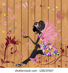 Flower Fairy on a wood texture for your design