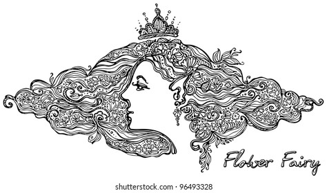 Flower Fairy. Profile of a woman's face with flower hair. An independent element of design.