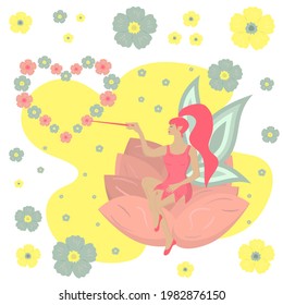 Flower Fairy sitting the flower   Beautiful cute fairy and pink hair holding magic wand  Beautiful flowers around her  