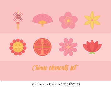 flower fan and ornament oriental element decoration set icons vector illustration color design