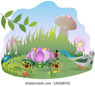 flower  fantasy carriage pulled by a bird near grass, mushrooms and flowers. Vector illustration.