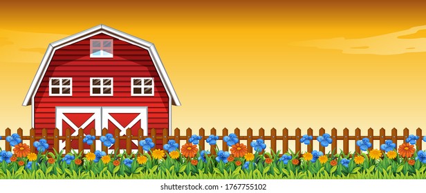 Flower farm in sunset sky scene with barn background illustration