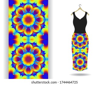 Flower fashion illustration, women's black lacy dress on a hanger, mandala seamless floral geometric pattern, design elements for Invitations or Cards, repeating fabric texture.