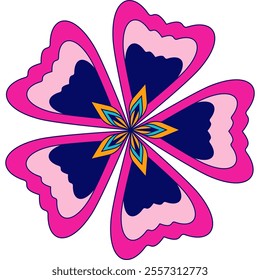 The flower features six petals in rich pink, dark blue, and light pink tones. The center is adorned with orange and blue elements, creating a vibrant and contrasting pattern. 