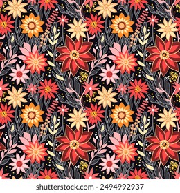 Flower Field in Autumn muted colors - Grey, Pink, Yellow, dark shade of Red on a Black Background. Seamless Vector Pattern, Great for Textiles, Surfaces, Wallpapers, Wrapping papers, Fabrics.