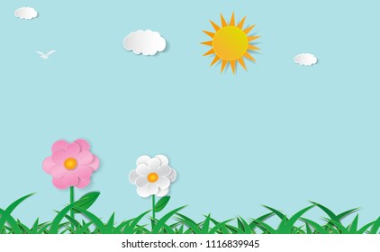 flower field with blue sky. vector paper art style.