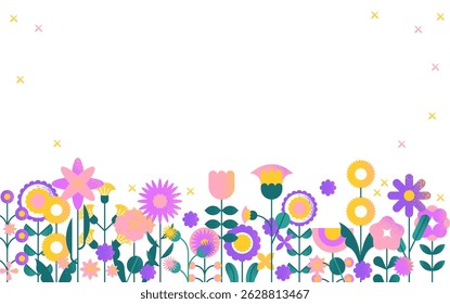 Flower field border background. Geometric floral spring summer garden banner with blooming plants, abstract simple flowers bloom decorative greeting card frame. Vector illustration.