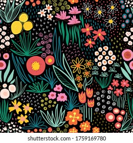 Flower field bright colors on black seamless vector pattern. Repeating liberty doodle flower meadow background. Repeating Scandinavian style line art florals. For fabric, wallpaper, summer decor