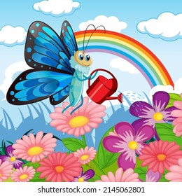 Flower field with cartoon butterfly watering flower illustration