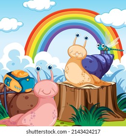 Flower field with cartoon snails and dragonfly illustration