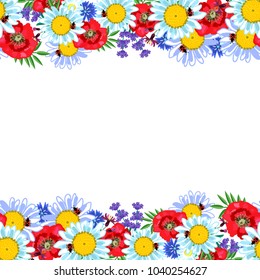 Flower field. Frame with field flowers, poppy seeds, lavender, daisies. For cards, greetings, jewelry, paper, printing on items.