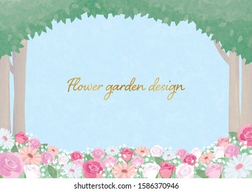 Flower Field Frame With Trees And Pink Roses