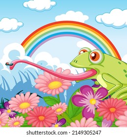 Flower field with frog catching insect illustration