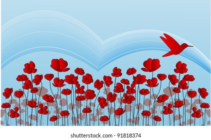 flower field and humming  bird