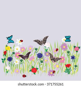 flower field meadow grass bed multicolor flower wheat grass daisy peony rose cornflower wildflowers butterfly ladybugs spring-summer decor isolated on a light background vector