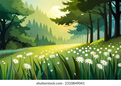 Flower field near the forest, beautiful nature vector illustration