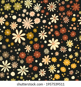 Flower field on black seamless vector pattern. Repeating dense liberty doodle flower meadow background. Scandinavian style line art florals. For fabric, wallpaper, texture, print