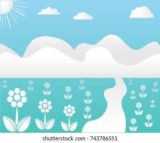 Flower Field on a cloudy day- Illustration,Lawn, Field, Meadow, Season, Springtime