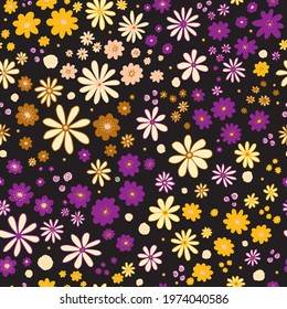 Flower field on dark seamless vector pattern. Repeating dense liberty doodle flower meadow background. Scandinavian style line art florals. For fabric, wallpaper, texture, print