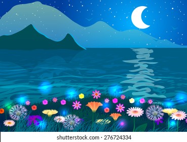 Flower field on the ocean at night.