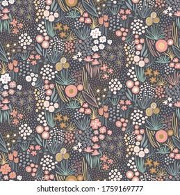 Flower field pastel colors on dark seamless vector pattern. Repeating liberty doodle flower meadow background. Repeating Scandinavian style line art florals. For fabric, wallpaper, home decor