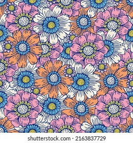 Flower field pattern. Flower Power. Hippie pattern of the sixties. Summer flowers pattern.