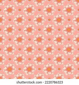 Flower field pattern. Flower Power. Hippie pattern of the sixties. Summer flowers pattern. Vector seamless line art pattern.