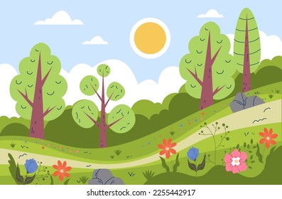 Flower field spring forest landscape tree cartoon scene nature concept. Vector cartoon graphic design element illustration