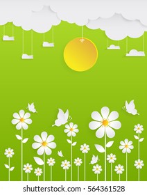 flower field with summer season and green background.paper art style.