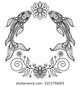 Flower and fish frame hand drawn for adult coloring book