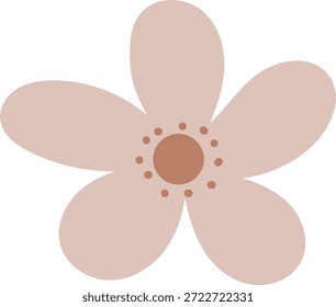 Flor con cinco pétalos y centro punteado, contorno atrevido y forma lisa. Símbolo de la primavera, la frescura, la belleza y el crecimiento para el saludo, la marca y la decoración. Ilustración vectorial de dibujos animados.