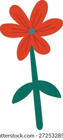 Flor con cinco pétalos, centro redondo y hojas moteadas de tallo en un aspecto de dibujos animados audaz. Símbolo de crecimiento, amor y pureza de la naturaleza para saludos, primavera y temas ecológicos. Ilustración vectorial de dibujos animados.