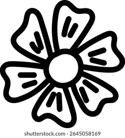 Uma flor com cinco pétalas desenhadas em linhas negras e formas simples. As pétalas têm linhas decorativas que adicionam textura e profundidade. Ilustração de vetor de desenhos animados.