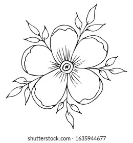 A flower with five petals and five leaves. Flower drawn by lines.