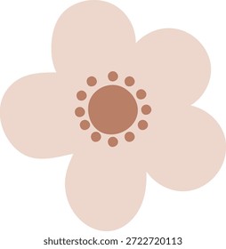 Flor con cinco pétalos redondeados y centro punteado en una forma atrevida y limpia. Símbolo de naturaleza, frescura, crecimiento y armonía para la marca y la decoración. Ilustración vectorial de dibujos animados.
