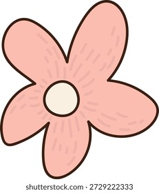 Flor con cinco pétalos redondeados y textura punteada, contorno en negrita y disco central. Símbolo de primavera, crecimiento, frescura y alegría para la marca y la decoración infantil. Ilustración vectorial de dibujos animados.