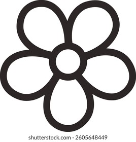 A flower with five rounded petals and a circular center in a minimalistic line style. The clean lines form a basic floral shape with a focus on simplicity. Cartoon vector illustration.