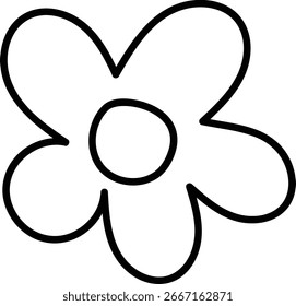 Una flor con cinco pétalos redondeados dibujados en líneas en negrita. El círculo central conecta cada pétalo en un contorno limpio. Ilustración vectorial de dibujos animados.