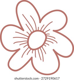 Flor con cinco pétalos redondeados y estambres radiantes dibujados con líneas de contorno audaces. Símbolo de la primavera, el crecimiento, la naturaleza, la alegría y la frescura para el saludo, la marca, el arte. Ilustración vectorial de dibujos animados.