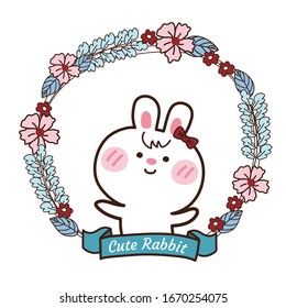 Flower flame with cute white red bow rabbit smiling. Cute cartoon hand drawn. Vector. Illustration.