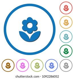 Flower flat color vector icons with shadows in round outlines on white background