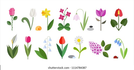 Icono plano de las flores aislado en blanco.
Diseño elegante en colores vivos. Flores como rosa, tulipán, orquídea, Espatifilo, campanas florales, Bellis perennis, flores de bombilla.