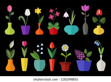 Flower flat icon set isolated on black. Various flowers in a vase including rose, tulip, orchid, Espatifilo, bells flowers, Bellis perennis, bulb flowers.