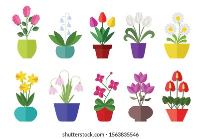 Flower flat icon set isolated on white. Various flowers in a vase including rose, tulip, orchid, Espatifilo, bells flowers, Bellis perennis, bulb flowers.