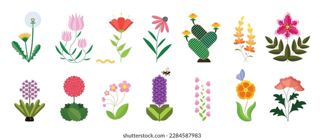 Flower flat icon set isolated on white. Various colorful garden flowers including field flowers, dandelion, taraxacum, dahlia, lilly, cactus, lilac.