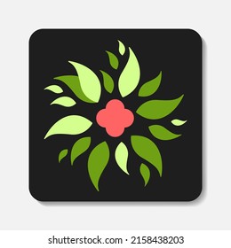 Flower flat icon. Stylized red flower with green leaves on black background. Best for web, print, logo creating and branding design.