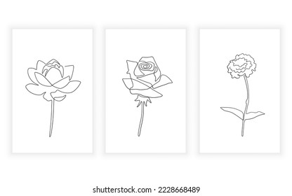 flor y flora Dibujo de arte de una línea. flor rosa loto y zinnia