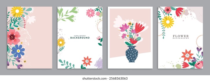 Flower floral card clipart background set. Spring flowers drawing clip art for greetings, invitation and wallpaper card poster collection. Vector illustration editable floral background.  
