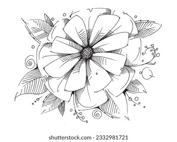 Flor. Composición floral. Dibujo en línea de flores. Flores silvestres