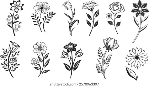 flower, floral, design, blossom, element, graphic, decoration, garden, decorative, collection, vector, drawing, flora, art, beauty, rose, black, icon, illustration, bud, leaf, beautiful, decor, botany